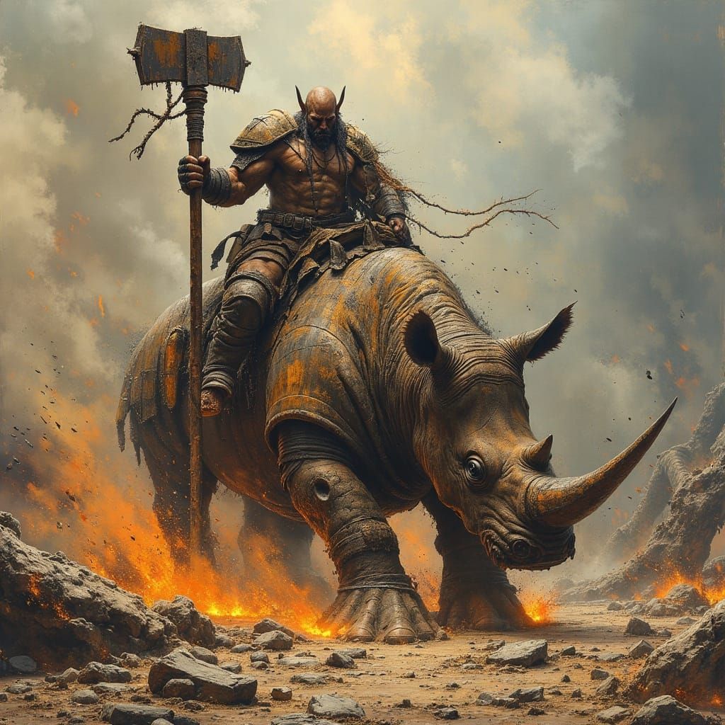 Fearsome Orc Warlord on Armored Rhinoceros