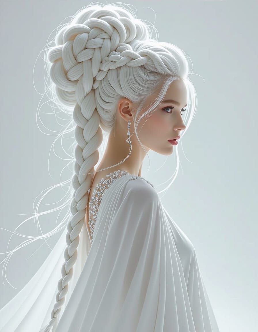 A regal woman with gravity-defying hair sculpted into a towe...