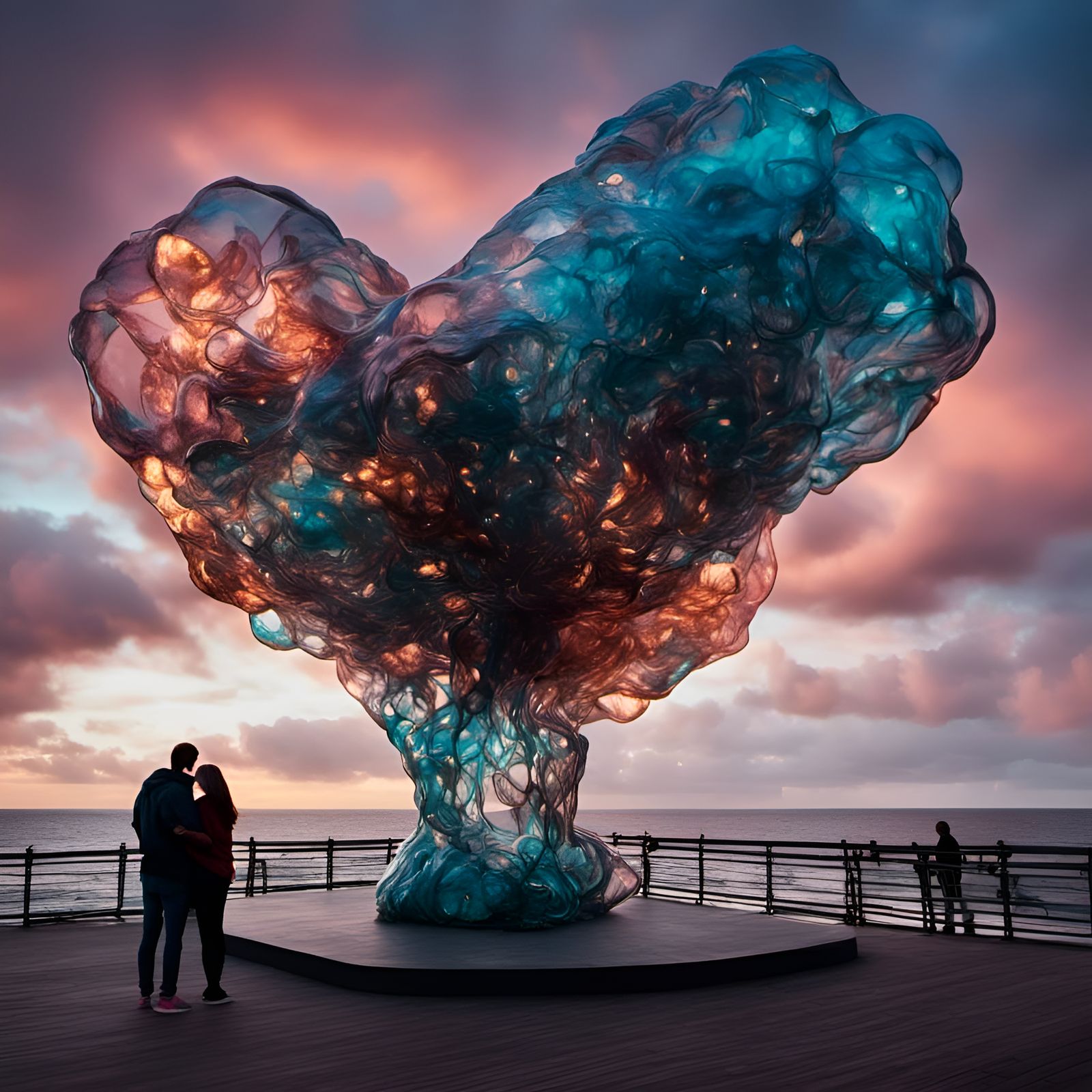 Couple Embrace by Glass Sculpture at Night