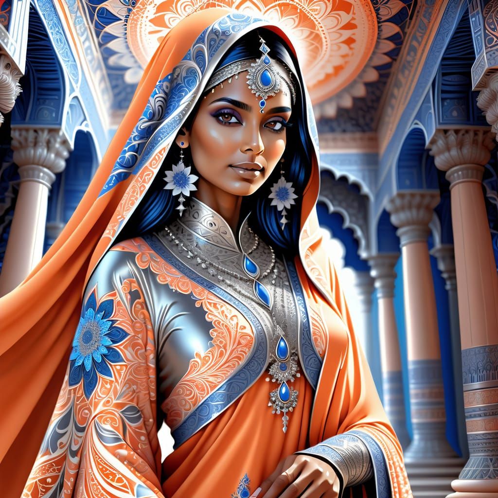 A beautiful Indian woman wearing light orange and silver ornate robes and a blue floral chador in a temple abstract vect...
