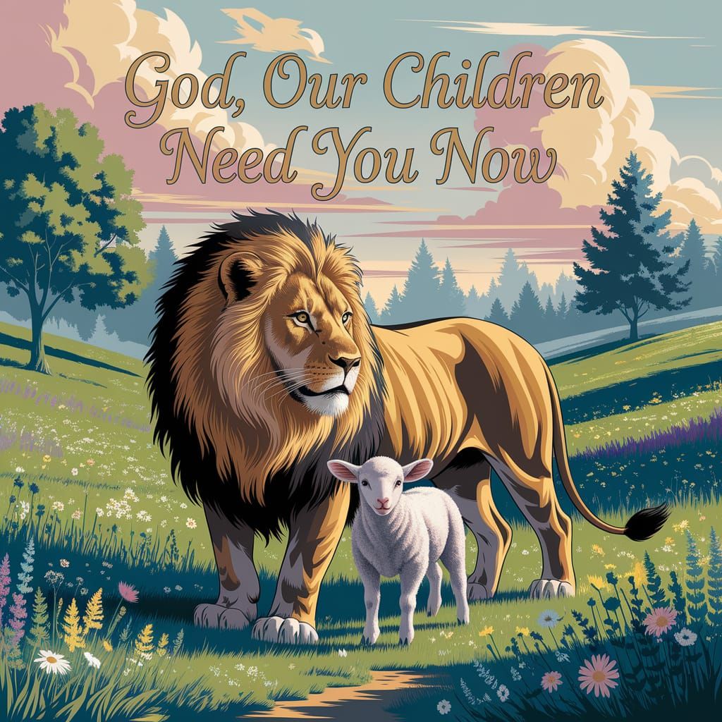 Majestic Lion Protects Lamb in Vibrant Wildflower Meadow