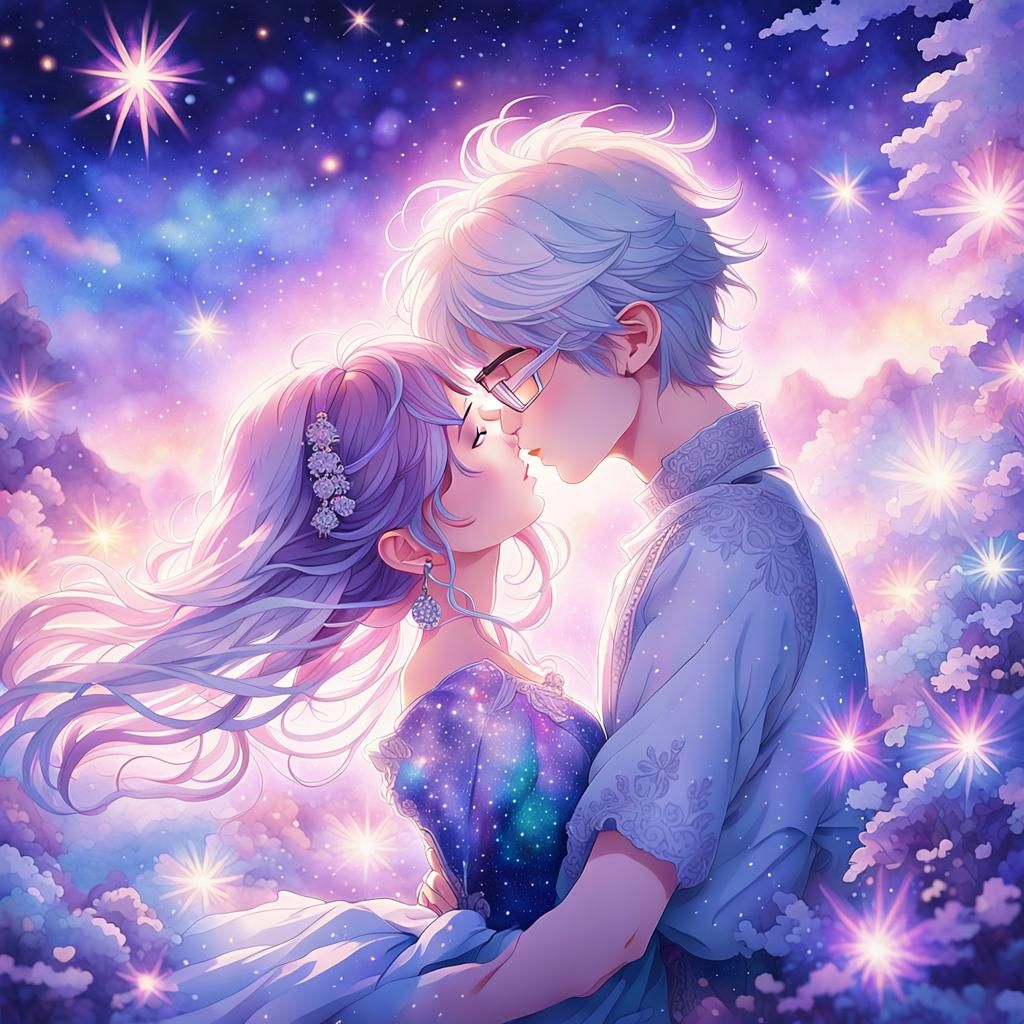 Romantic Anime Couple Kissing Under Starry Sky