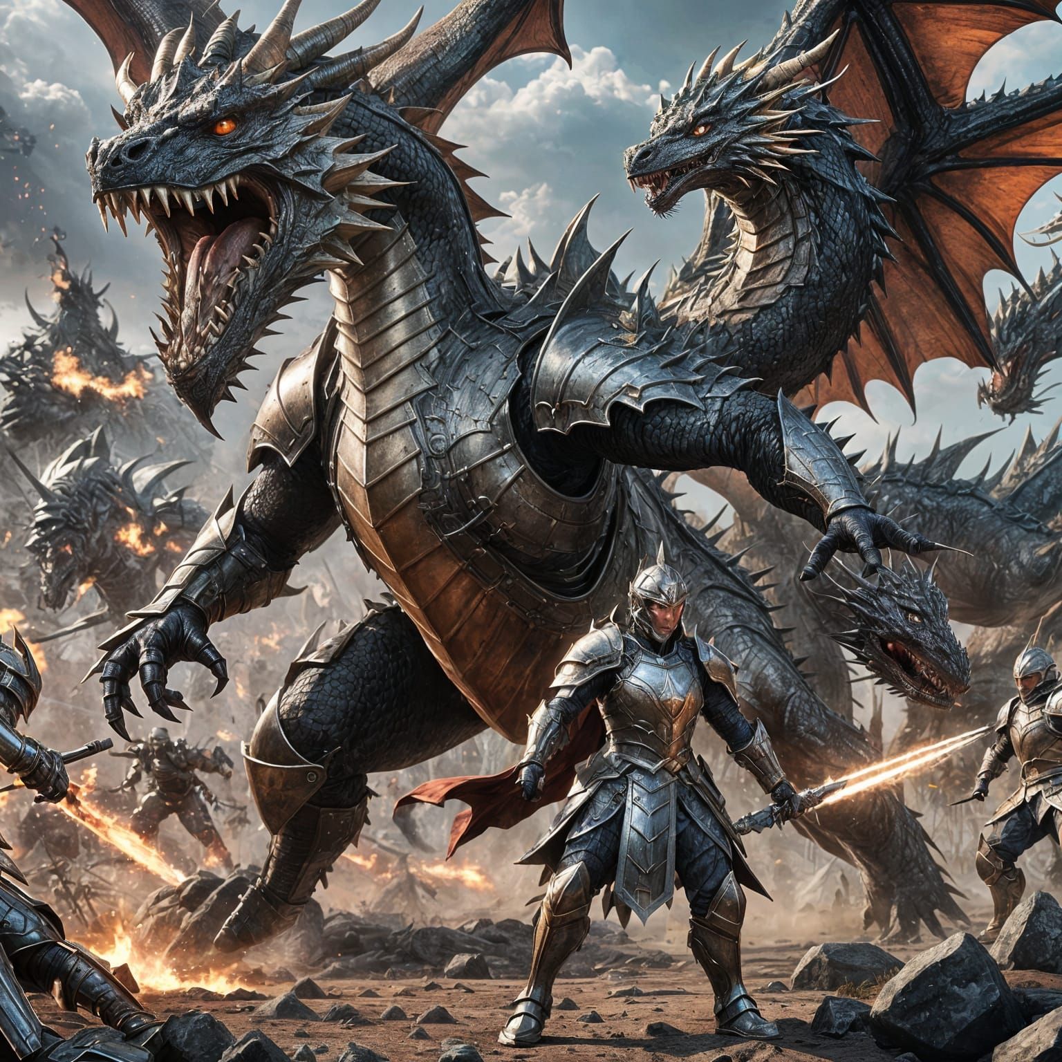 Dragon in Armor Battles on Battlefield: Anime Art