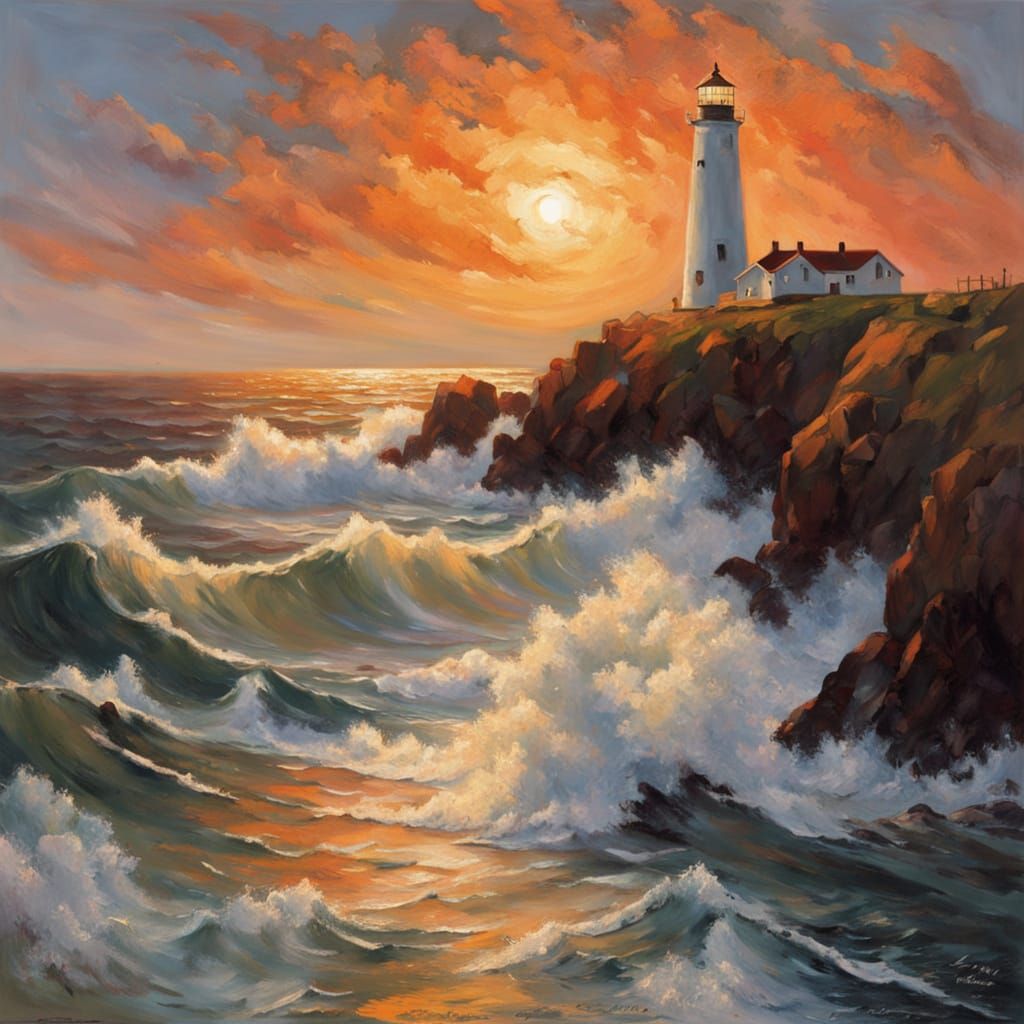 Impressionistic Lighthouse Sunset Over Crashing Waves