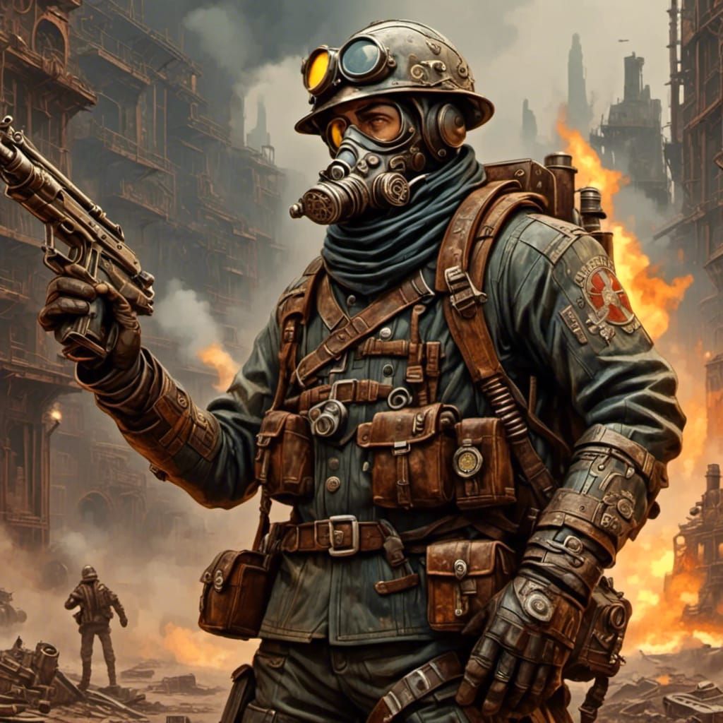 Dieselpunk Soldier with Flamethrower in High Definition