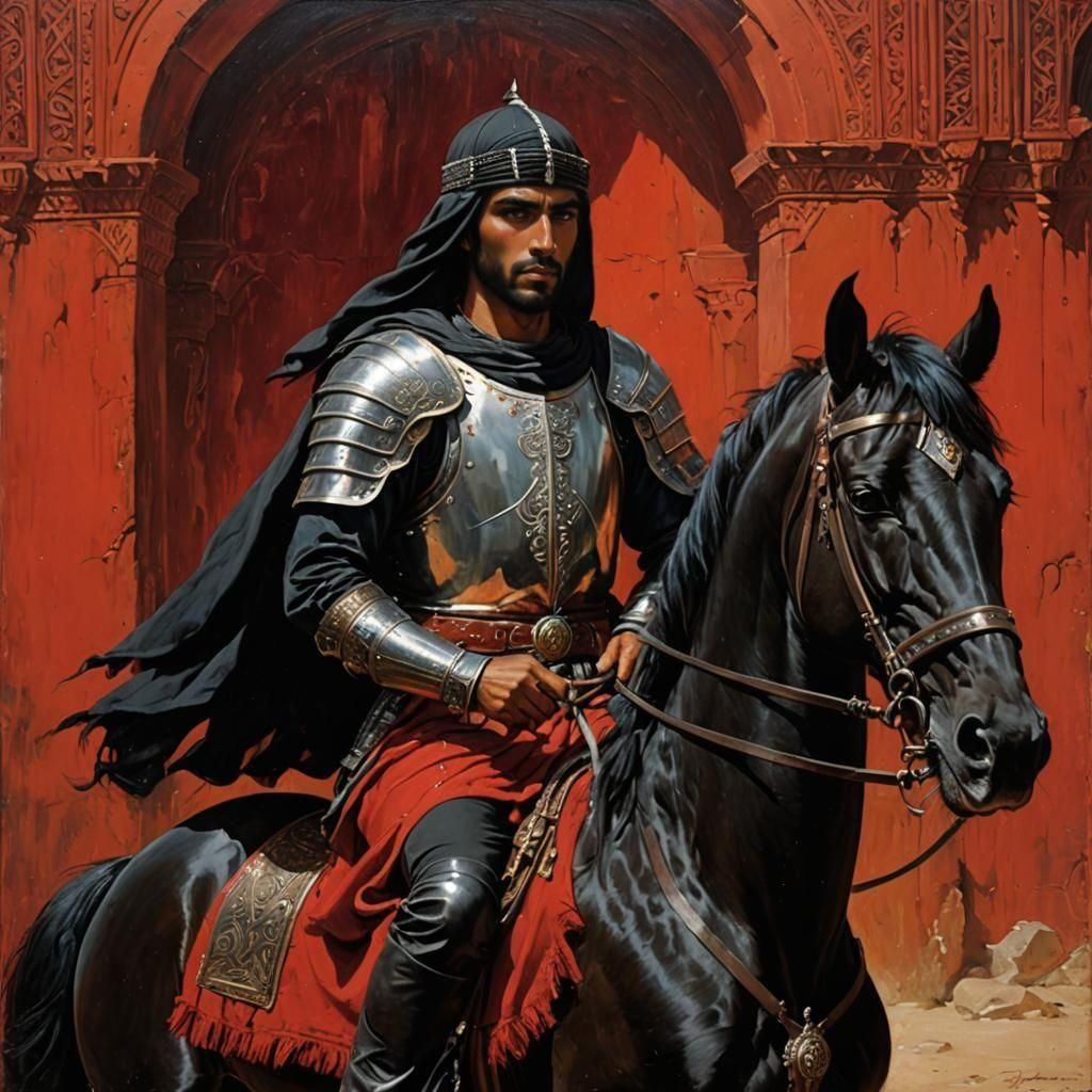 Arabian Warrior on Black Horse in Oil Painting Style