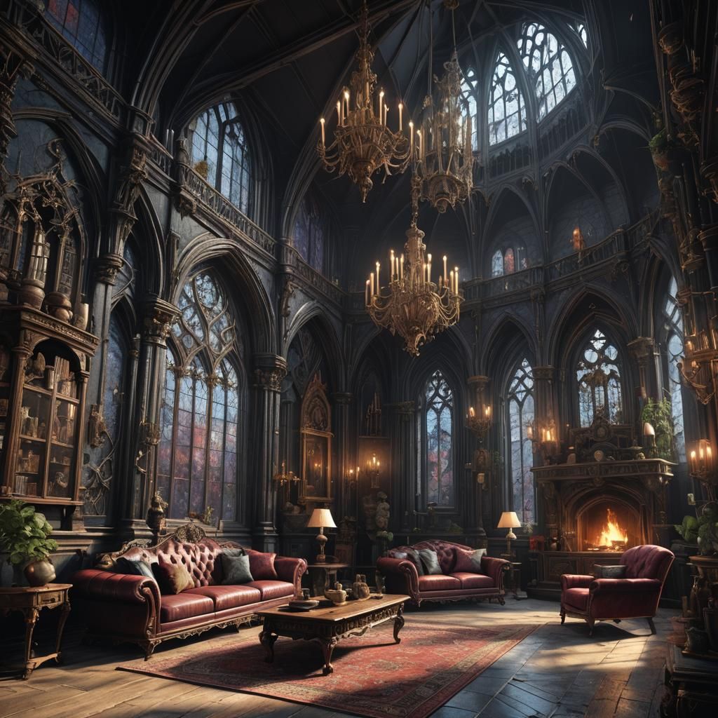 Detailed Gothic Living Room in Matte Painting Style