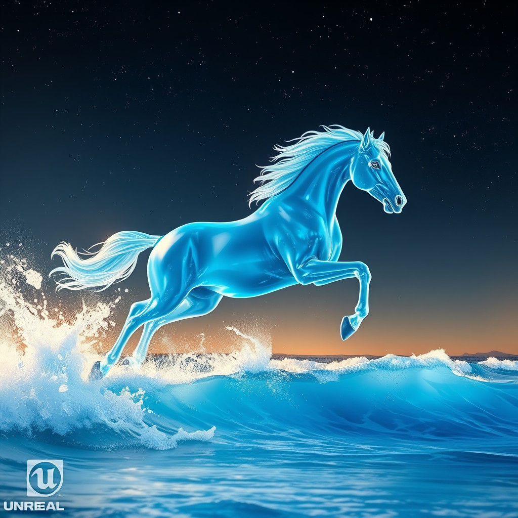 Light Blue Glass Horse Galloping Over Crystalline Waves