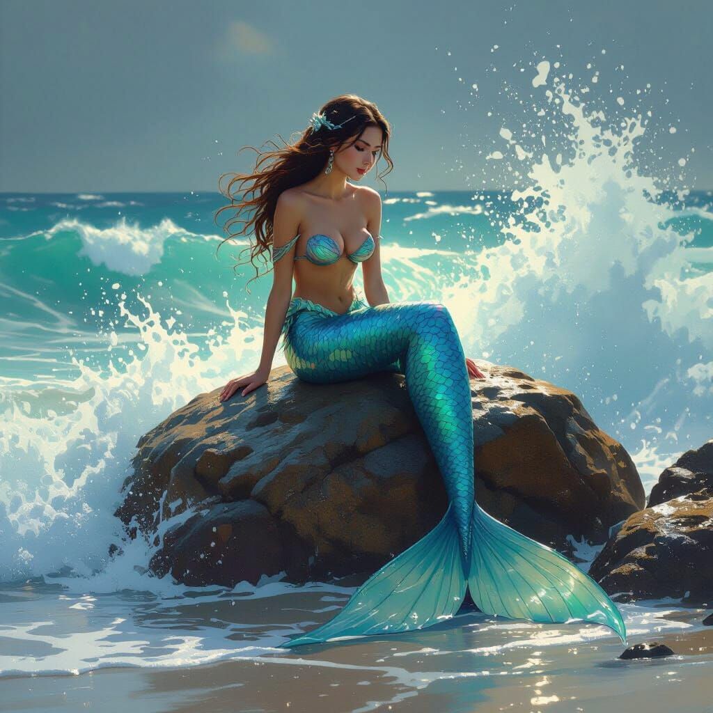 Mermaid on Rock in Ocean Waves