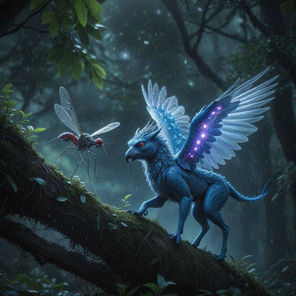 Whimsical Griffin Chases Iridescent Mosquito in Enchanted Ha...