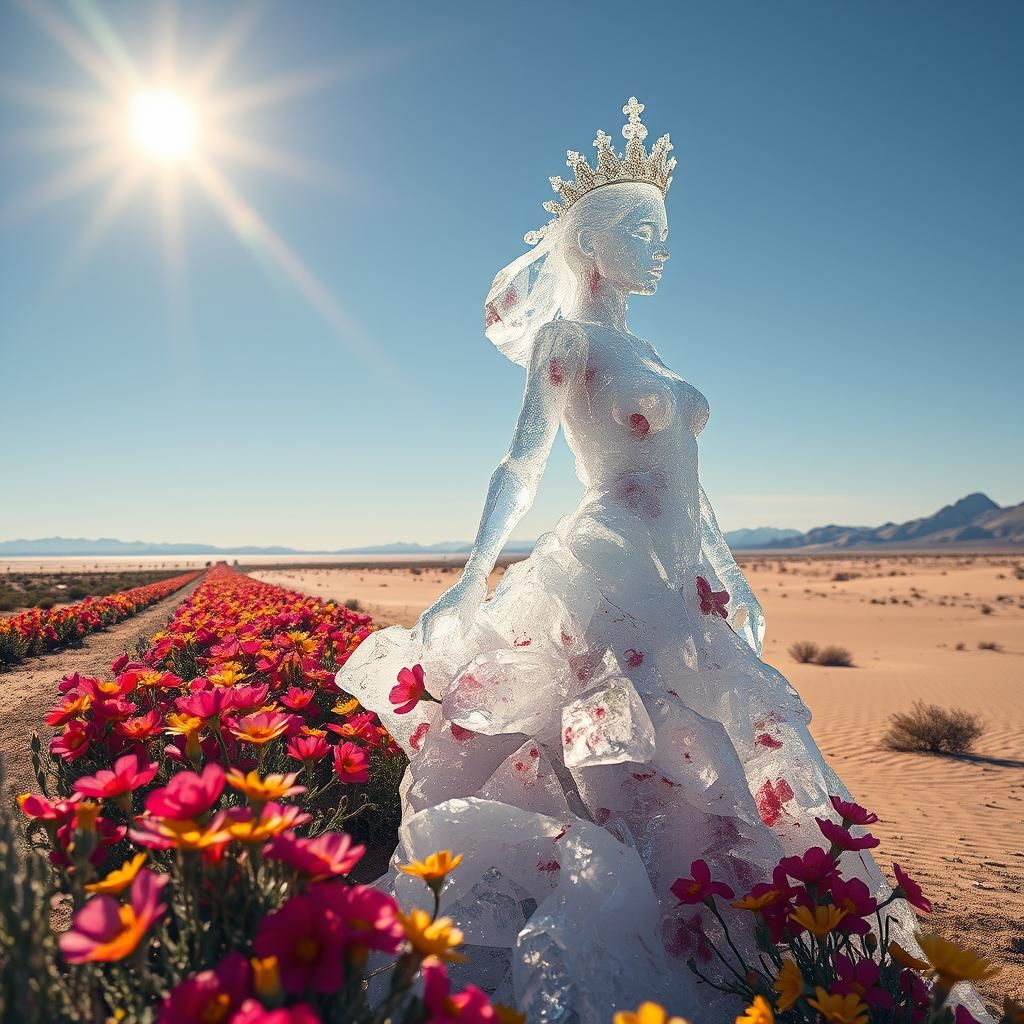 Ice Woman Melts, Flowers Bloom: Hyperrealistic HDR