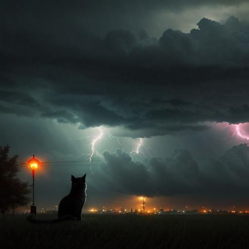 Sad Cat in Storm with UFOs: Pin-Up Style