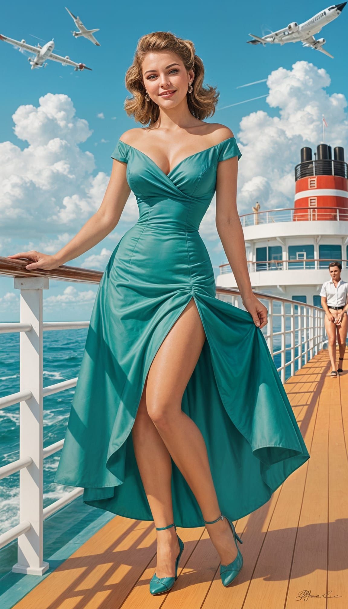 1950s Housewife on Cruise Ship in Splash Art Style