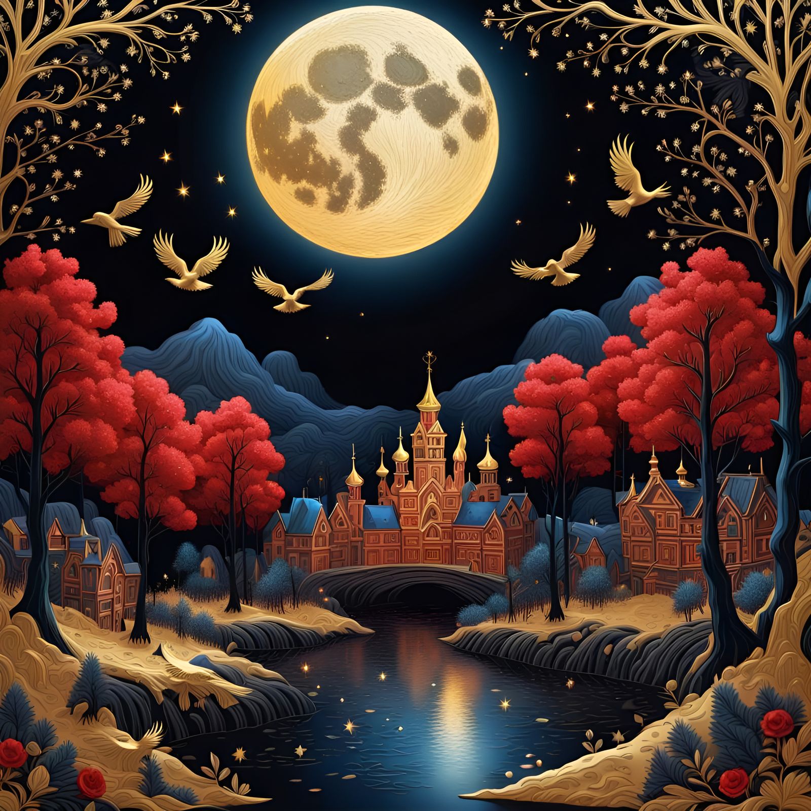 Crystal Moon Over Forest in Palekh Style