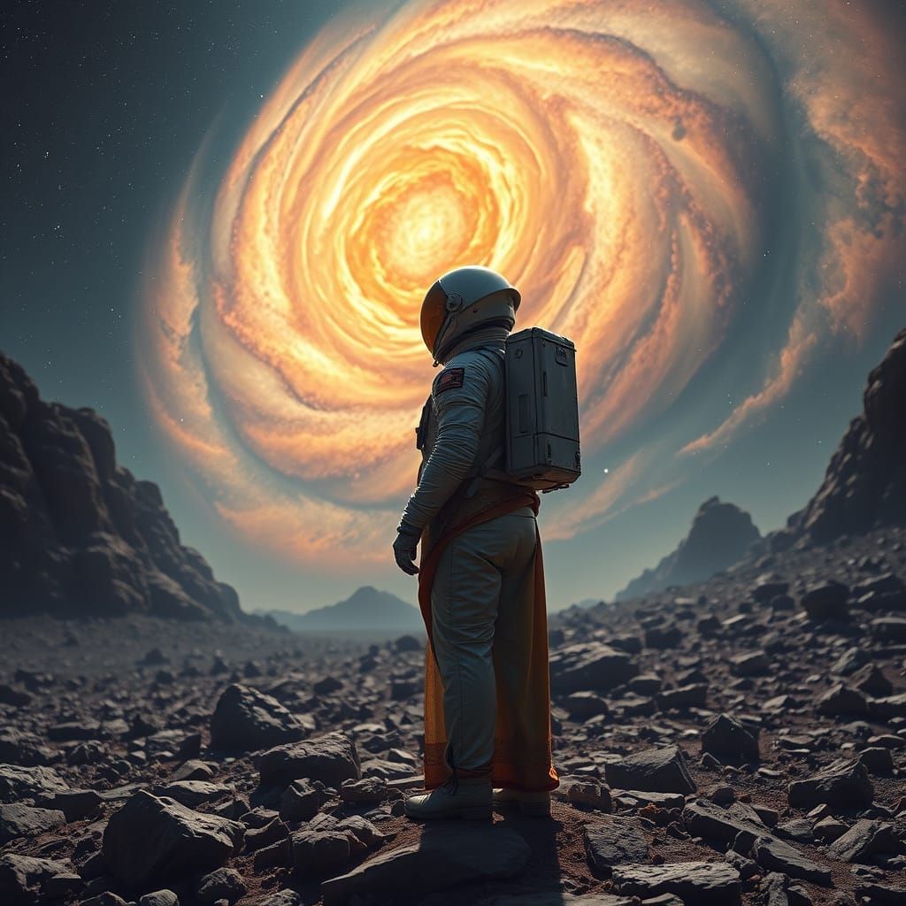 Astronaut on Alien Planet Gazing at Nebula