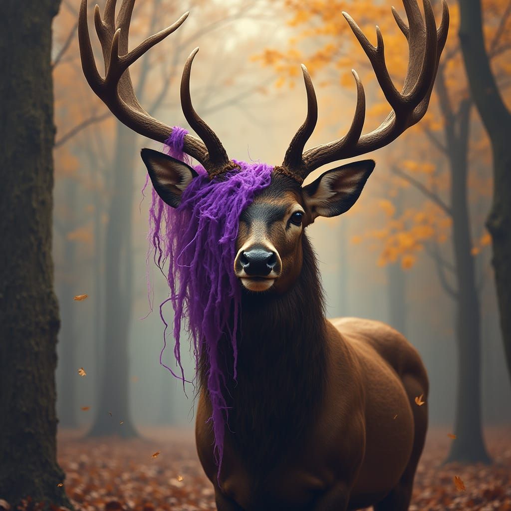 Majestic Buck Entwined with Torn Purple Cloth in Autumnal Fo...