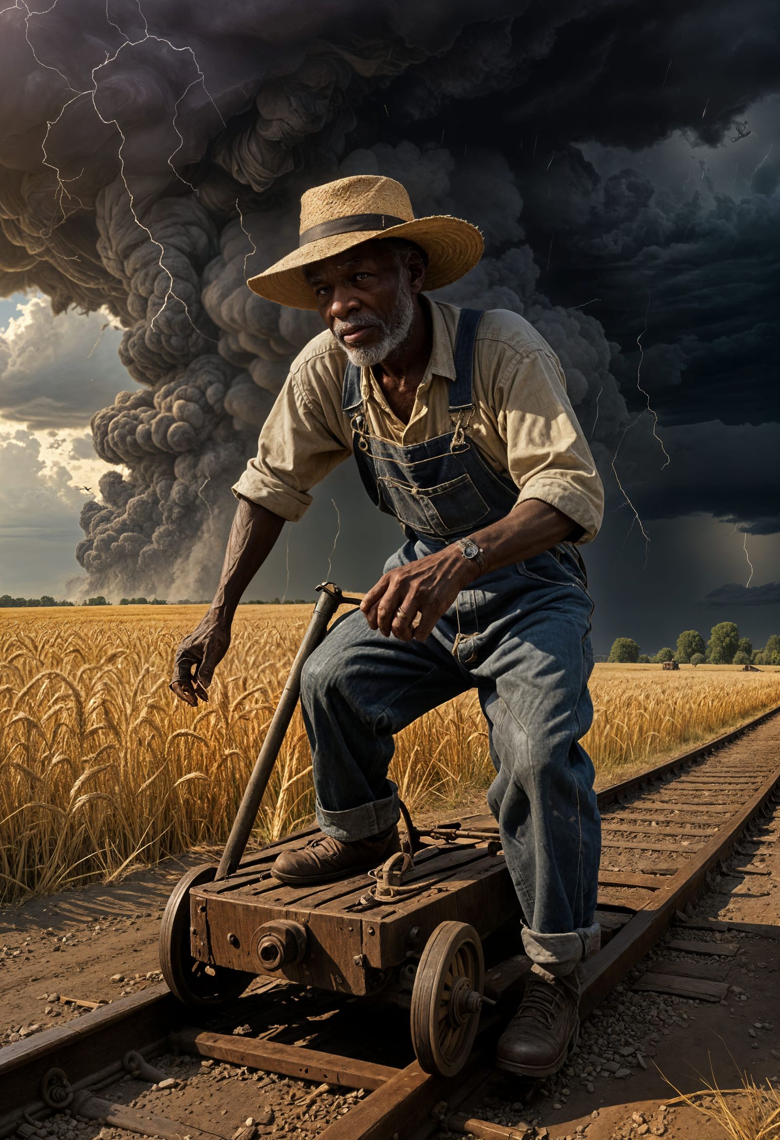 Blind Prophet on Handcar Amidst Wheatfield Storm