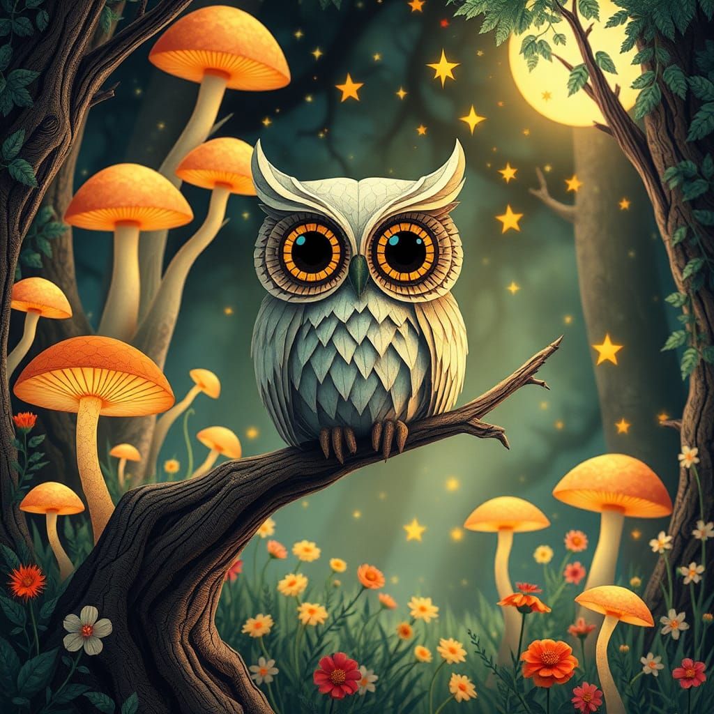 Enchanting Origami Owl in Magical Forest, Dreamy Art