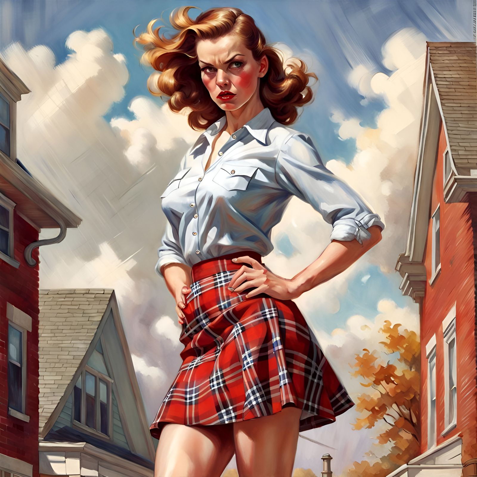 Angry Woman in Plaid Skirt, Pin-Up Art