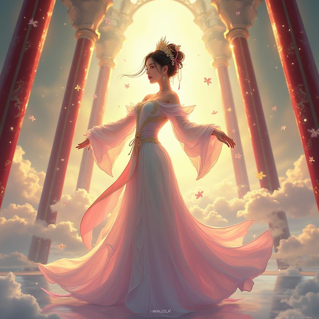 Divine Vietnamese Anime Queen in Ethereal Sky Palace