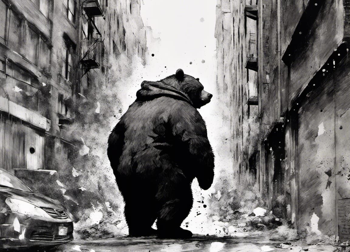 Sad Bear in New York Alley: Black Ink Drawing
