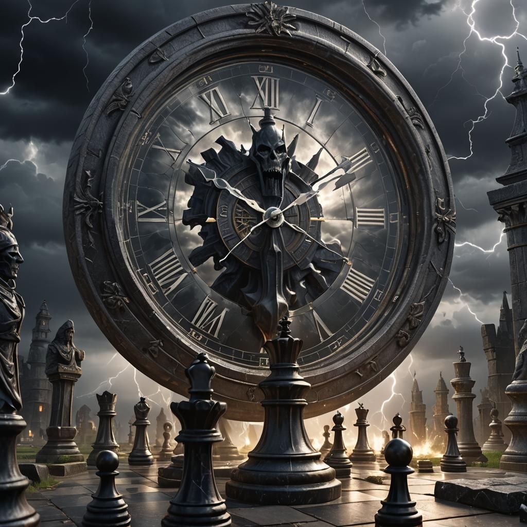 Clock Face Overlooking Chessboard in Stormy Graveyard