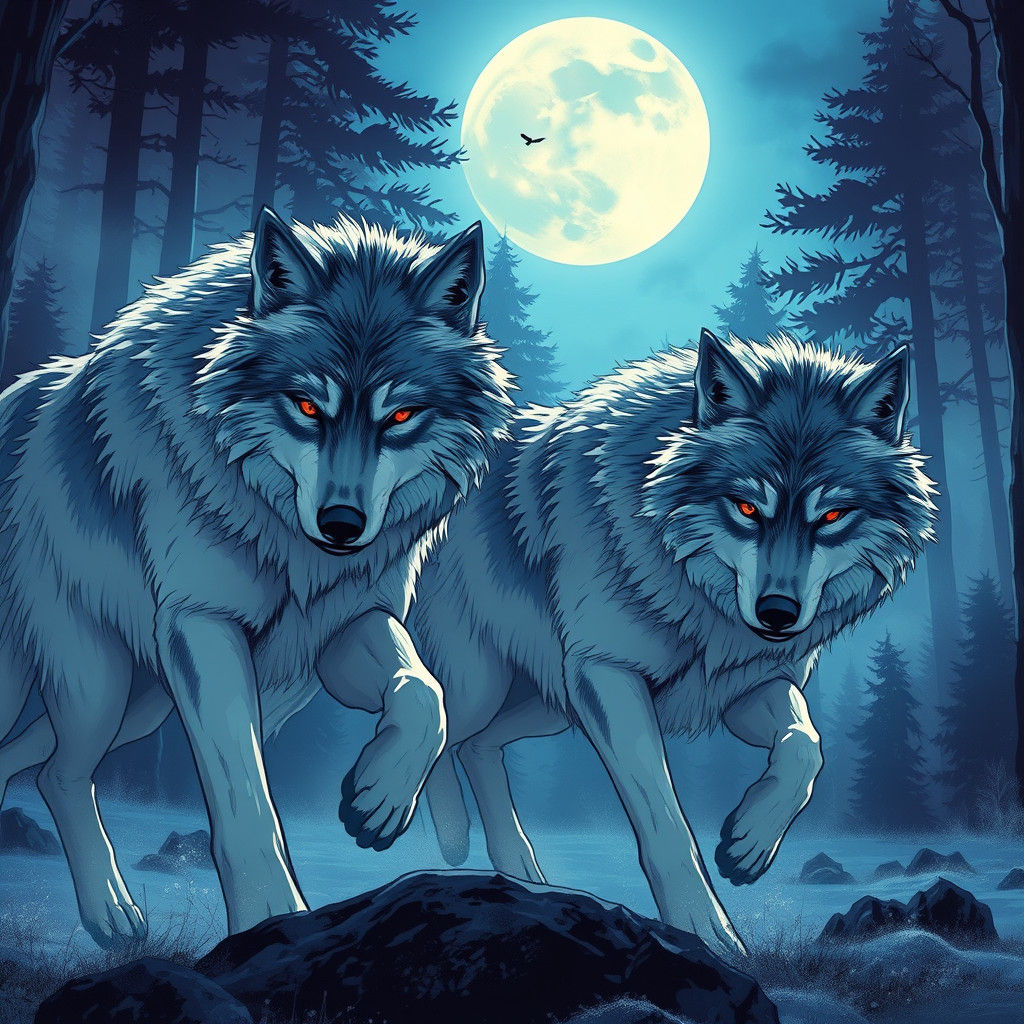 Wolves Hunting Under the Moon in Anime Style