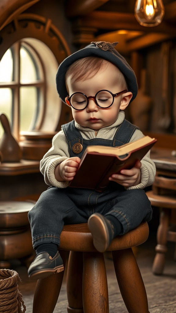 Baby as Doc in Dwarf Cottage, Fairy Tale Illustration