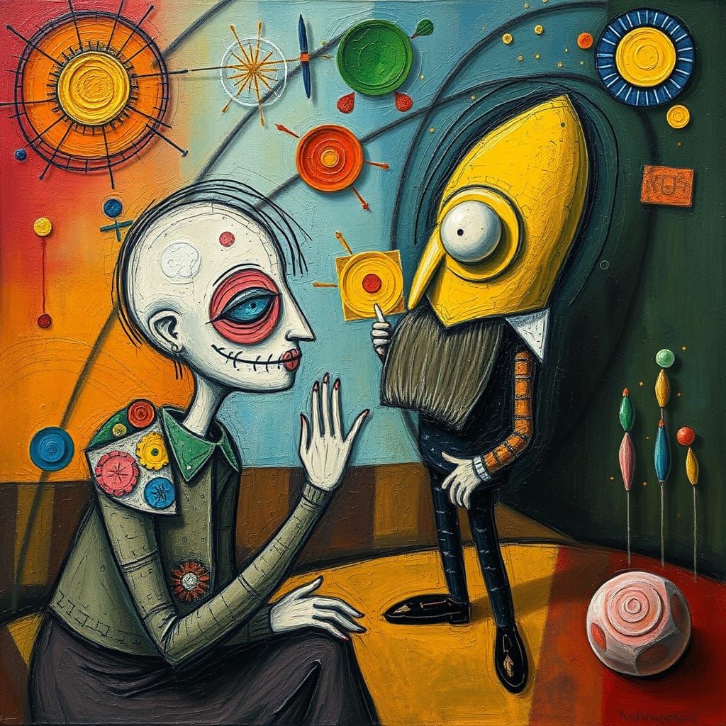 Whimsical Collaboration: A Geometric Modern Oil Painting