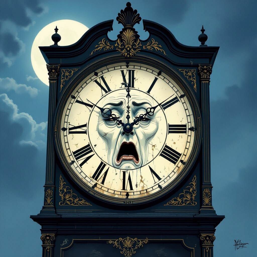 Ancient Grandfather Clock With Yawning Midnight Face