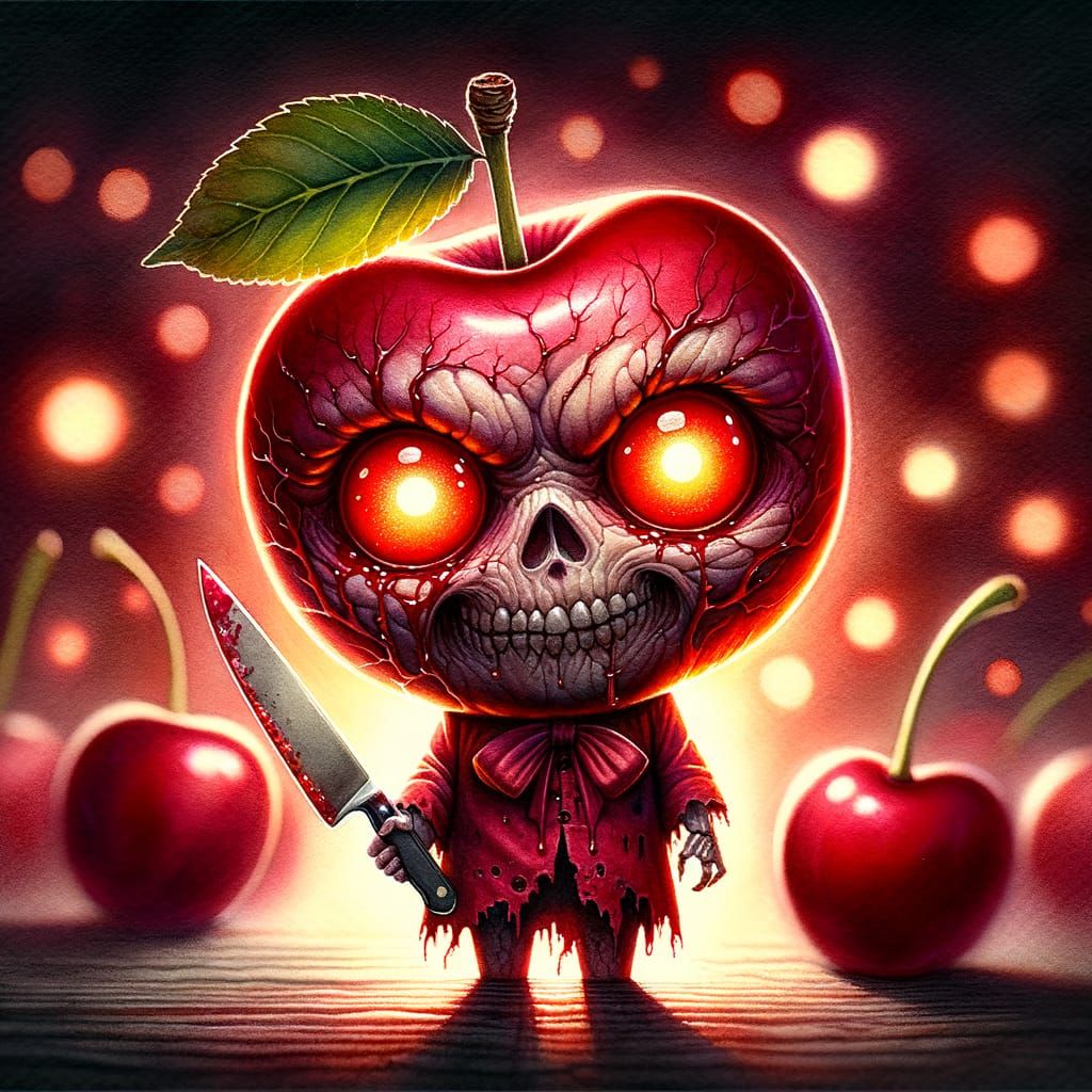 Cherry Zombie with Knife, Watercolor Style