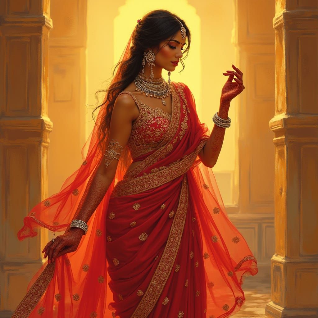 Elegant Indian Woman in Traditional Sari with Intricate Henn...