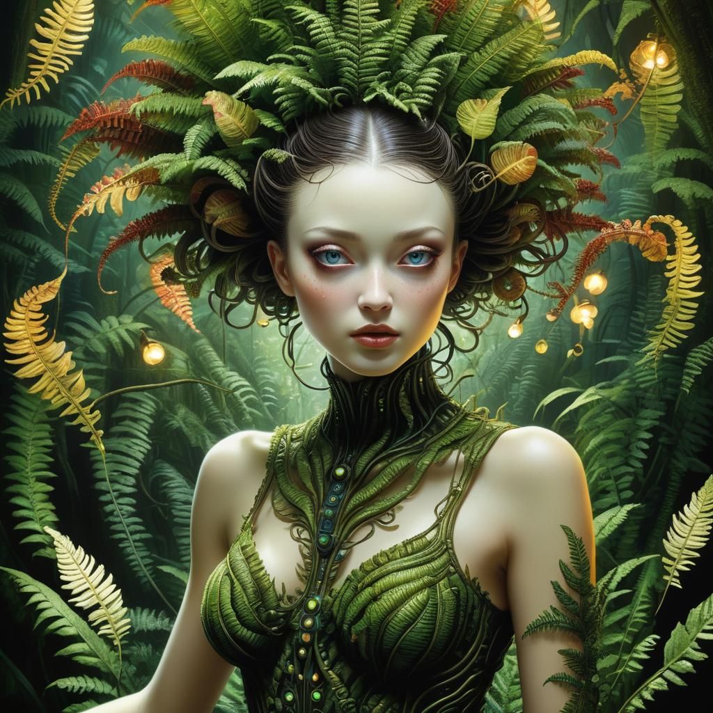 Surreal Fusion: Woman and Fern in Biomechanical Forest