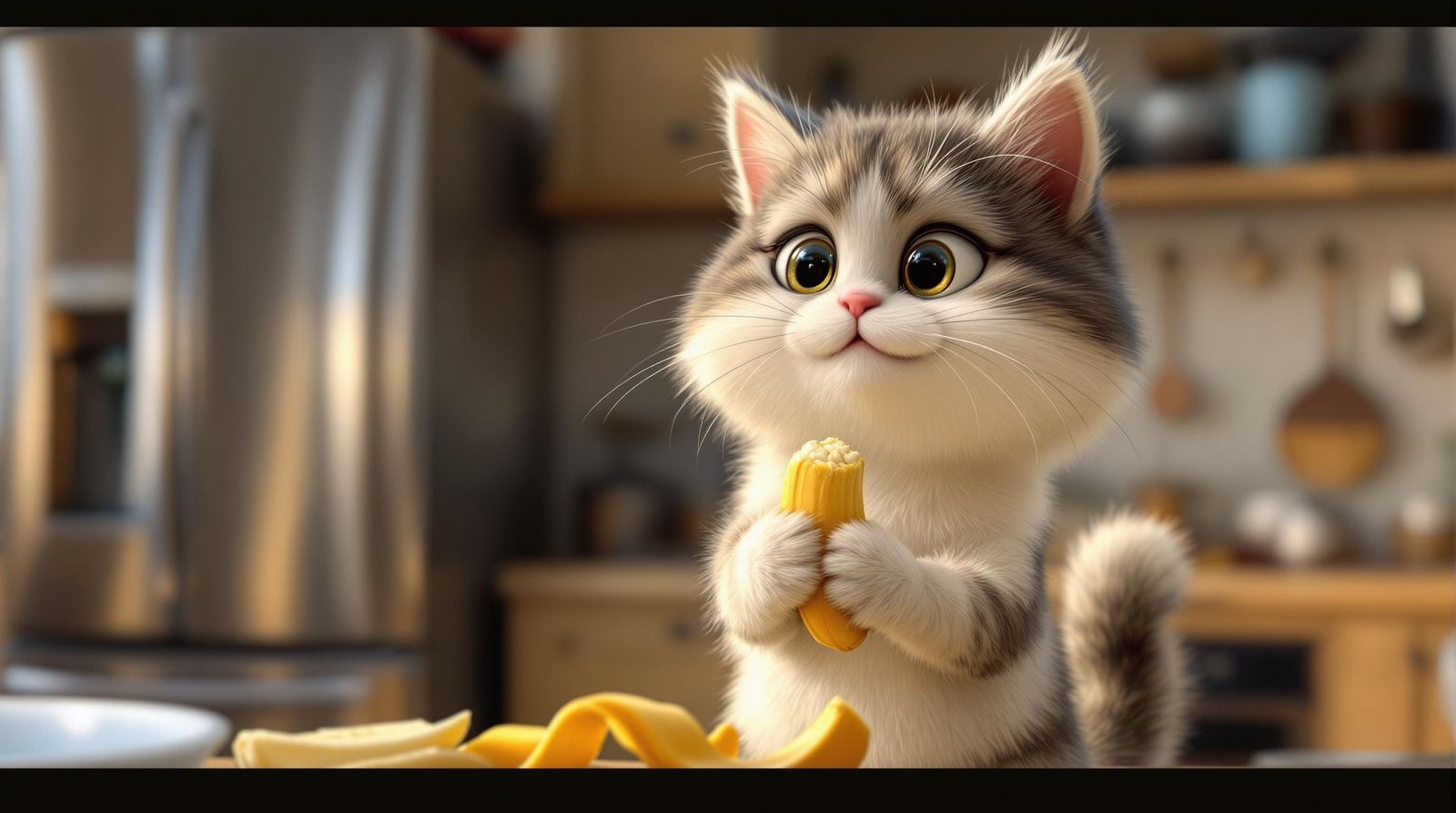 CGI Cartoon Cat in a Well-Lit Kitchen Scene