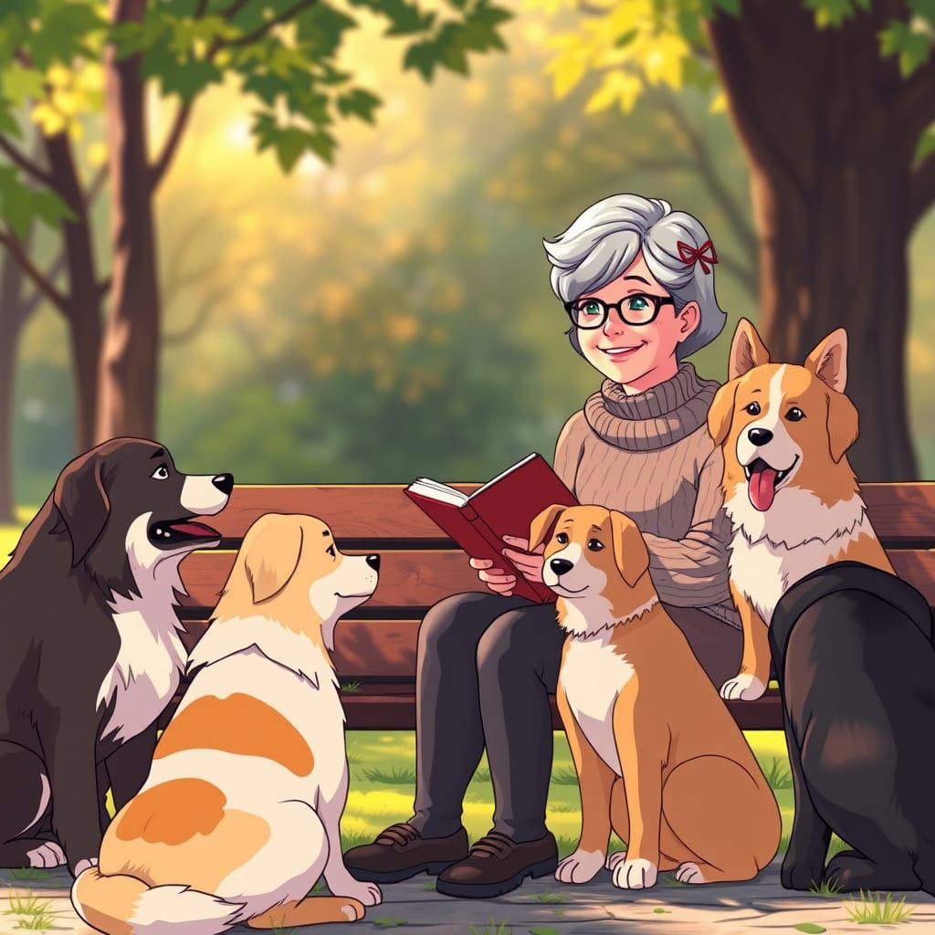 Woman Reads to Dogs in Anime Style