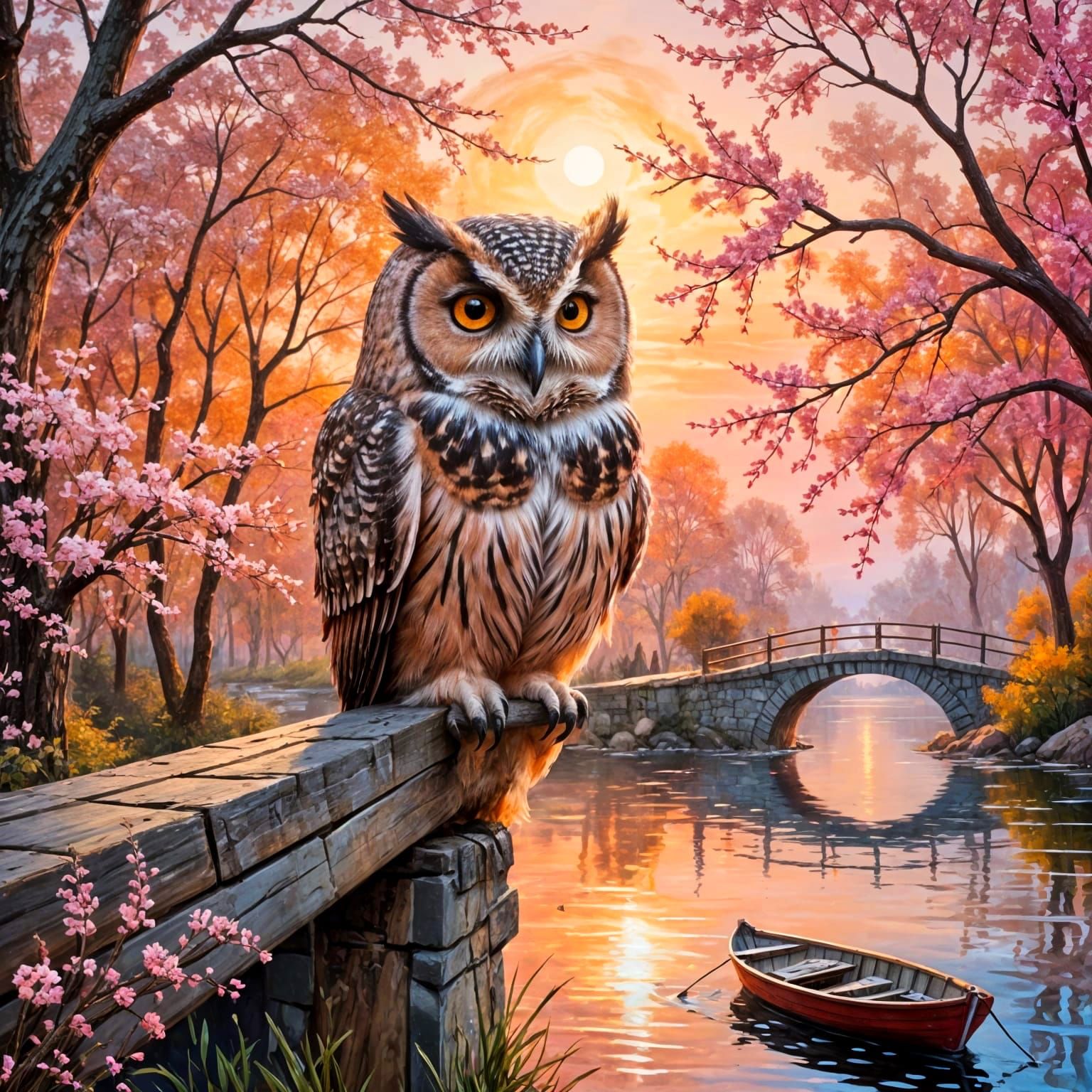 Colorful Owl in Sunset Landscape with Pink Trees