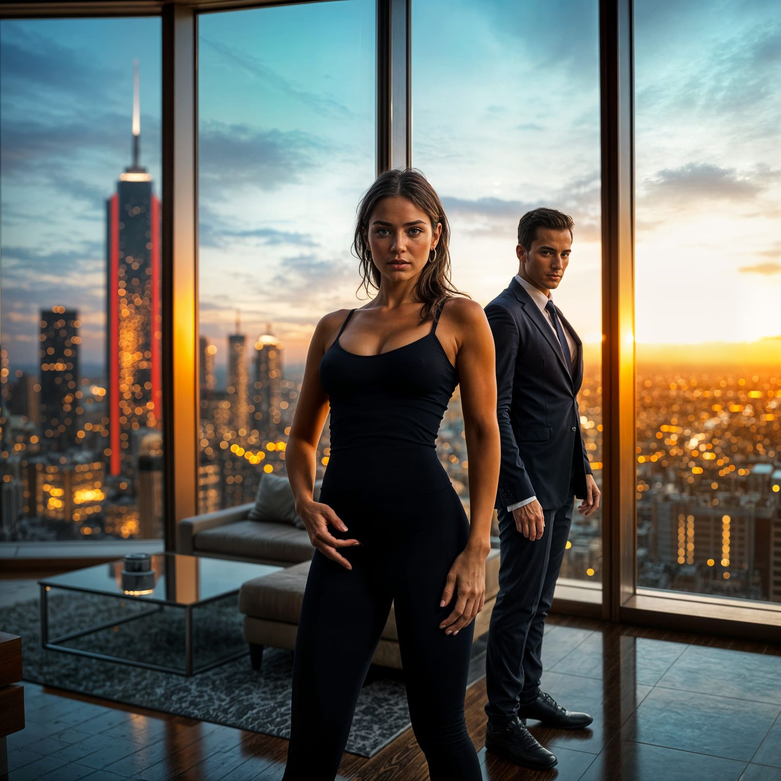 Sporty Woman and Suited Man in Modern Apartment