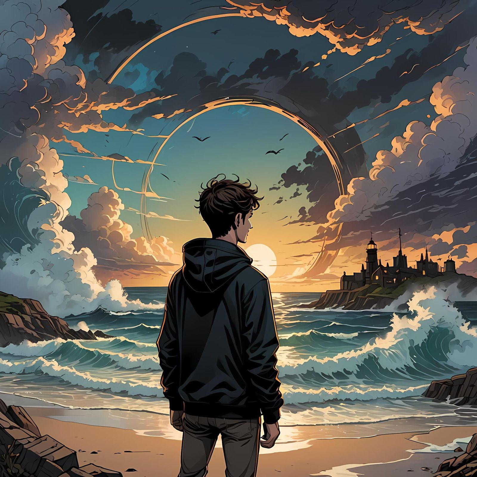 Steampunk Portal Rises from Sea: Comic Book Style