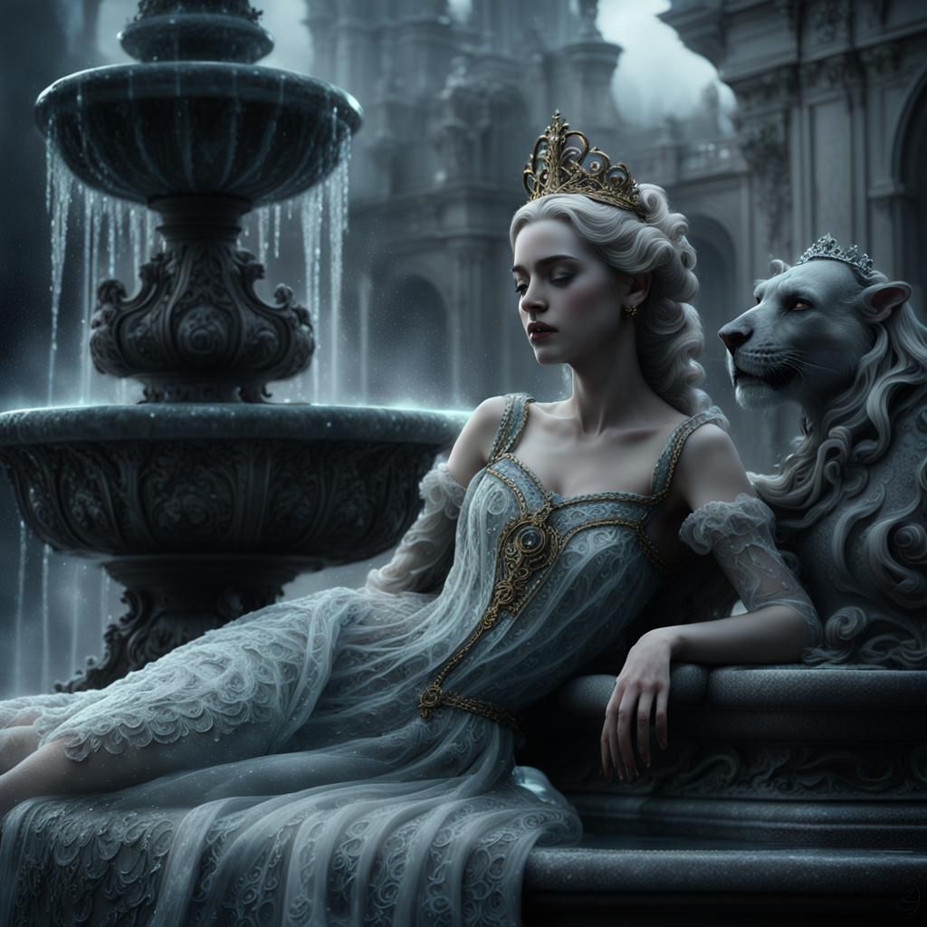 Gothic Princess Beside Ornate Fountain in Baroque Style