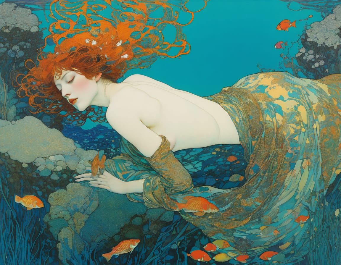 Woman in Vibrant Underwater Organic Line Drawing