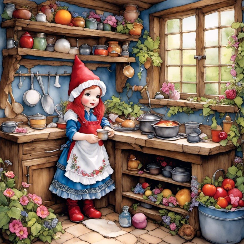 Garden gnome cooking in her quaint little kitchen