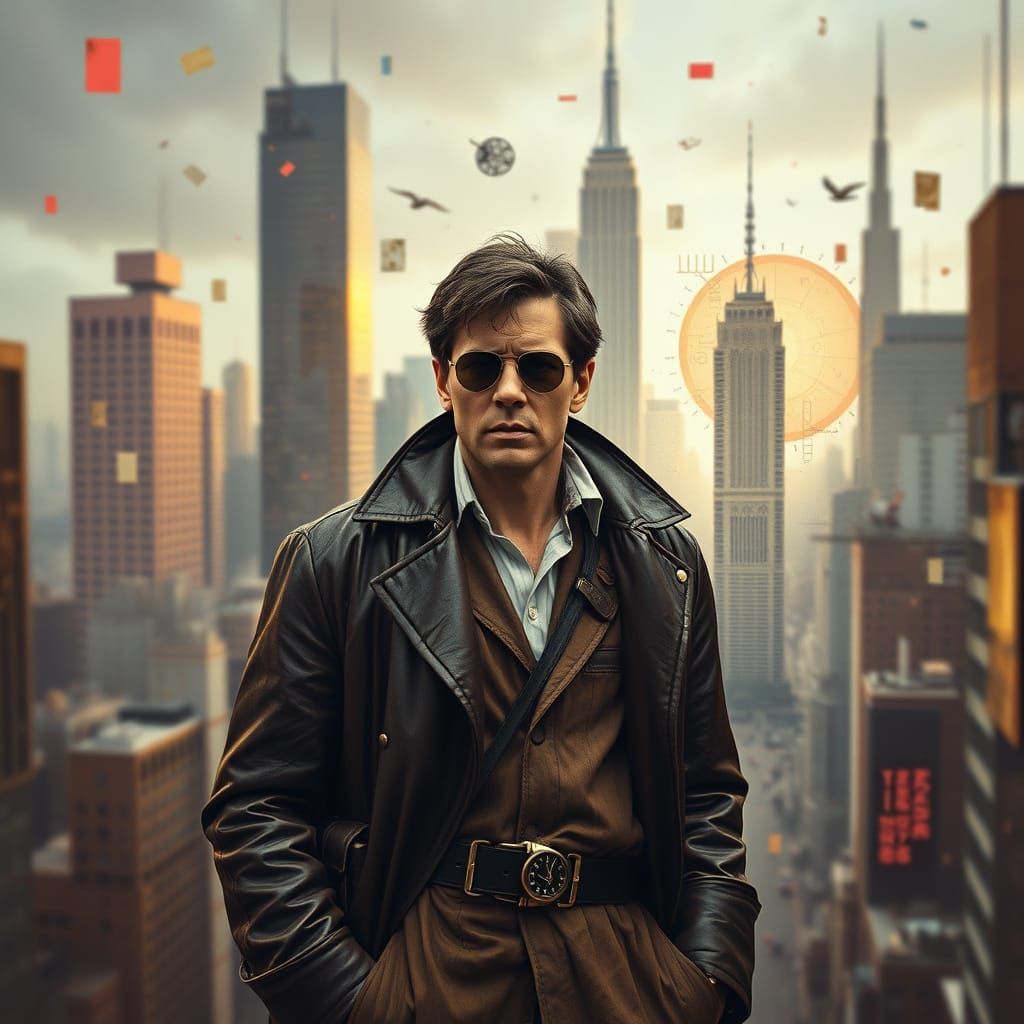 Dystopian Time Traveler in Futuristic Cityscape