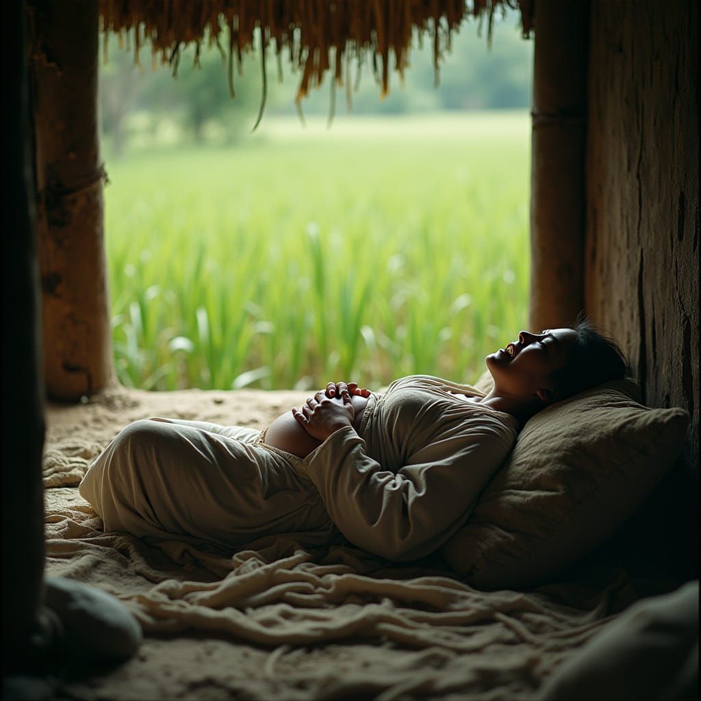Laboring Woman in Hut: A Cinematic Asian Scene