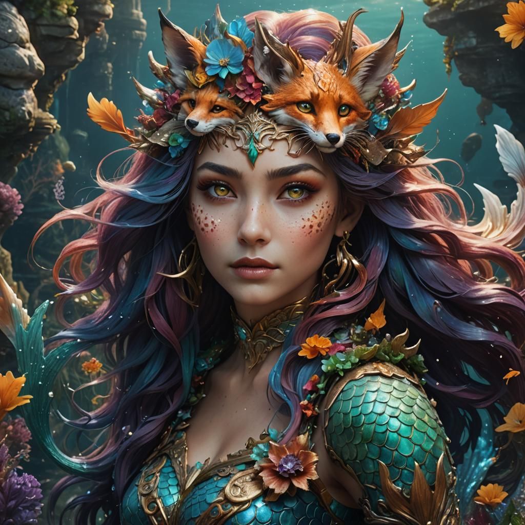 Fox-Faced Mermaid in Detailed Fantasy Art
