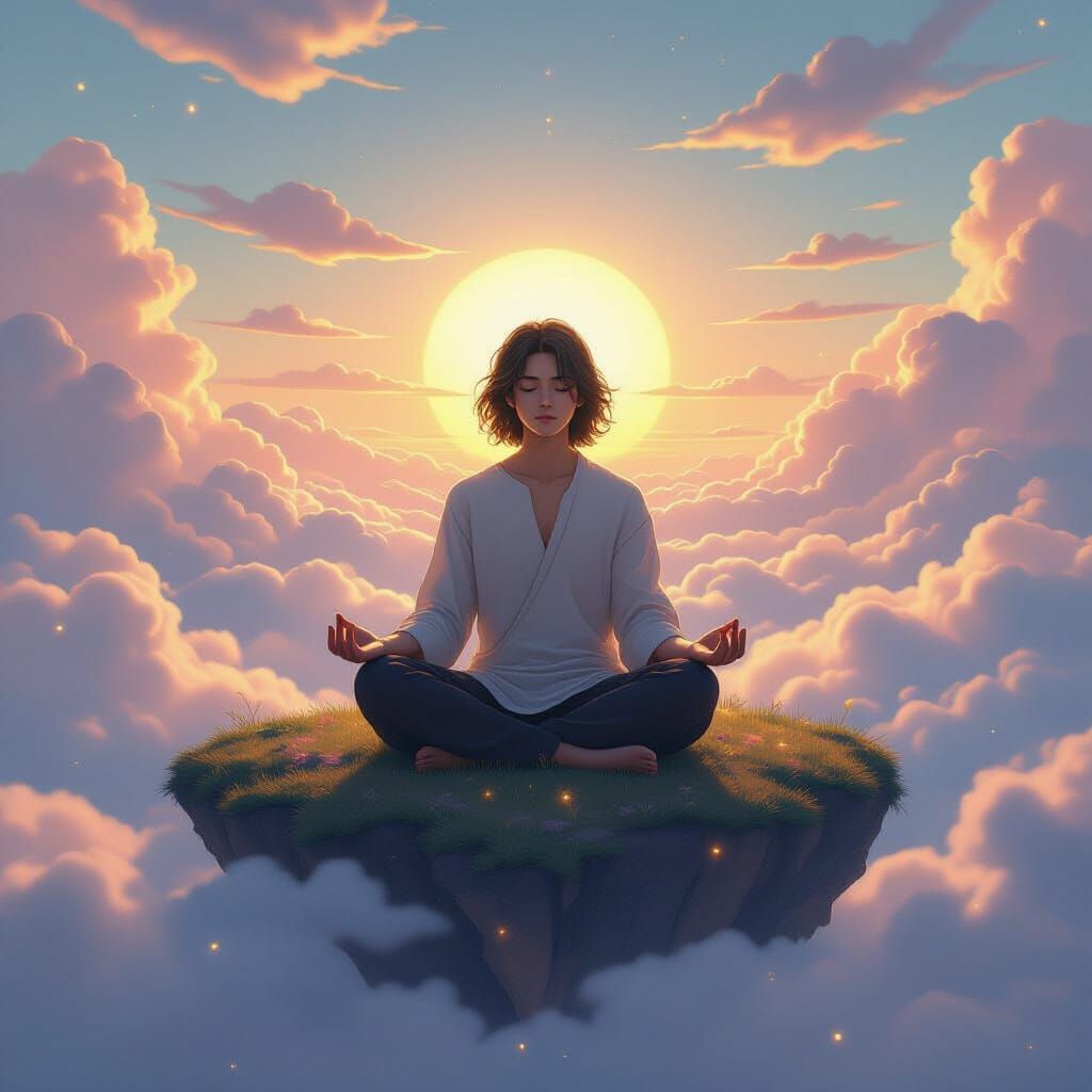 Serene Character Meditates on Floating Island at Sunset