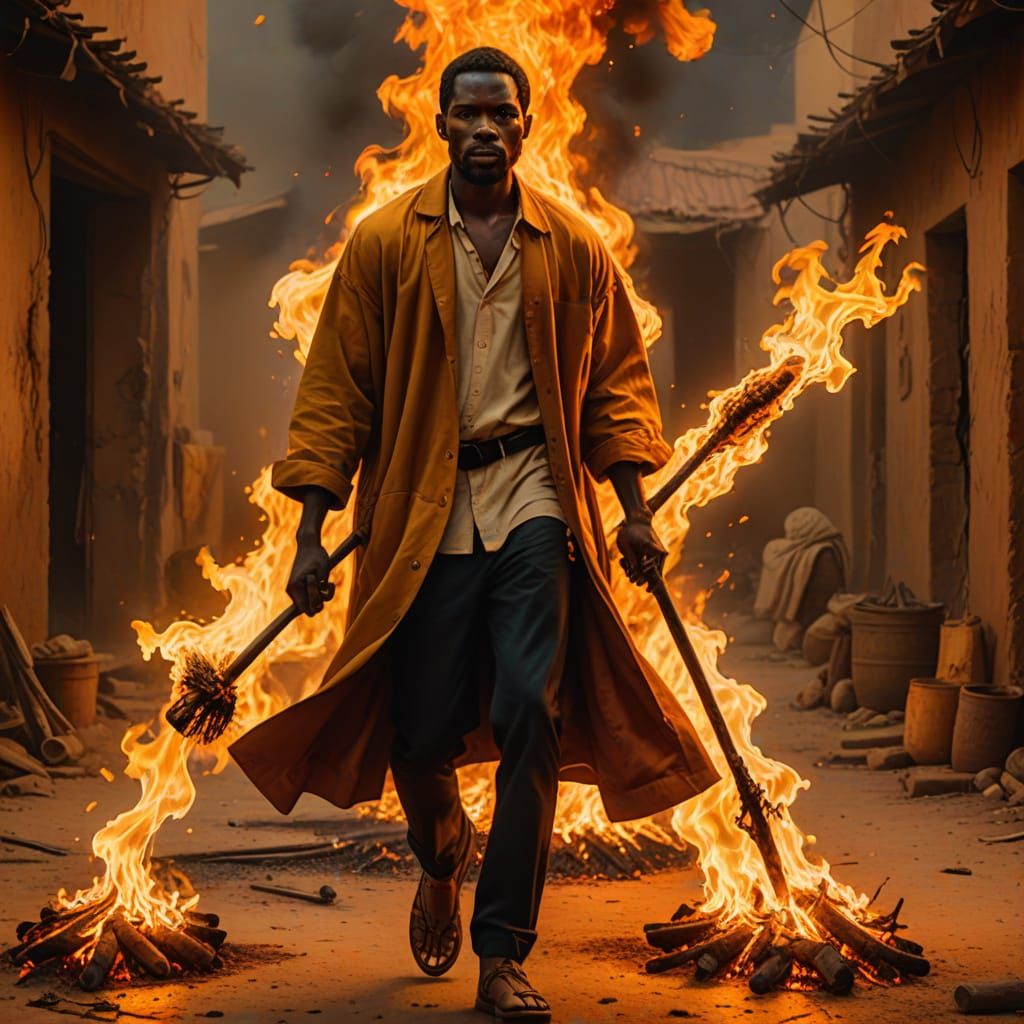 African Man Walks in Fire: Hyperrealistic Digital Art