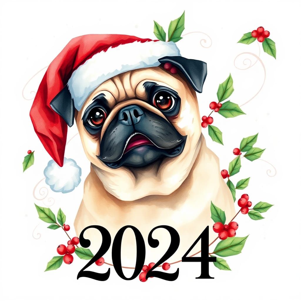 Festive Watercolor Pug in Santa Hat, Art Deco 2024