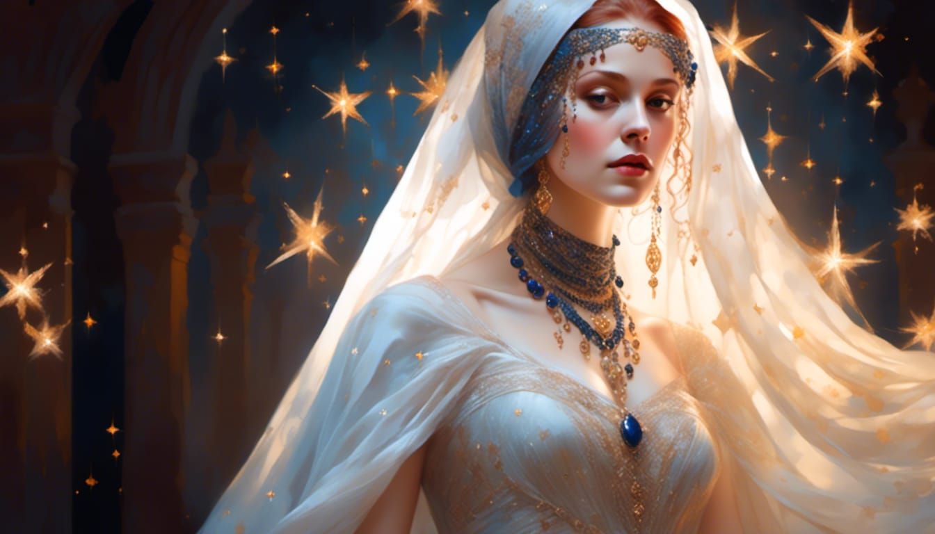 Woman in Starry Headscarf: Hyperrealistic Fantasy Portrait