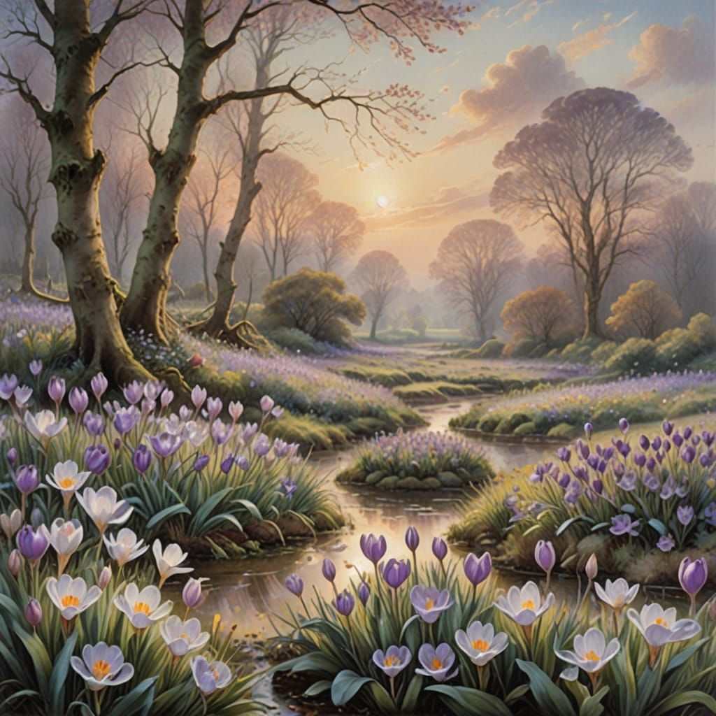 Ethereal Watercolor Crocus Field in Dappled Sunlight