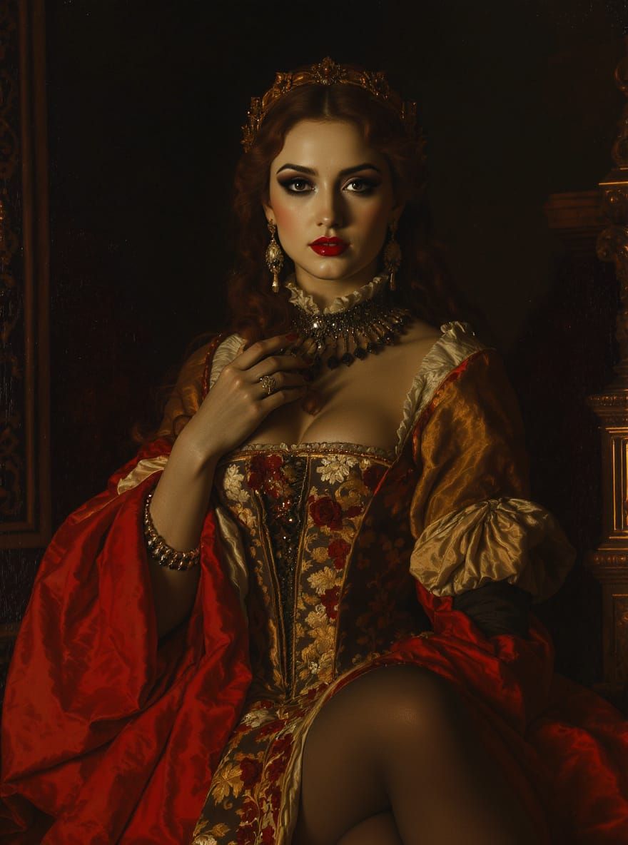Renaissance Femme Fatale with Radiant Skin and Flowing Hair
